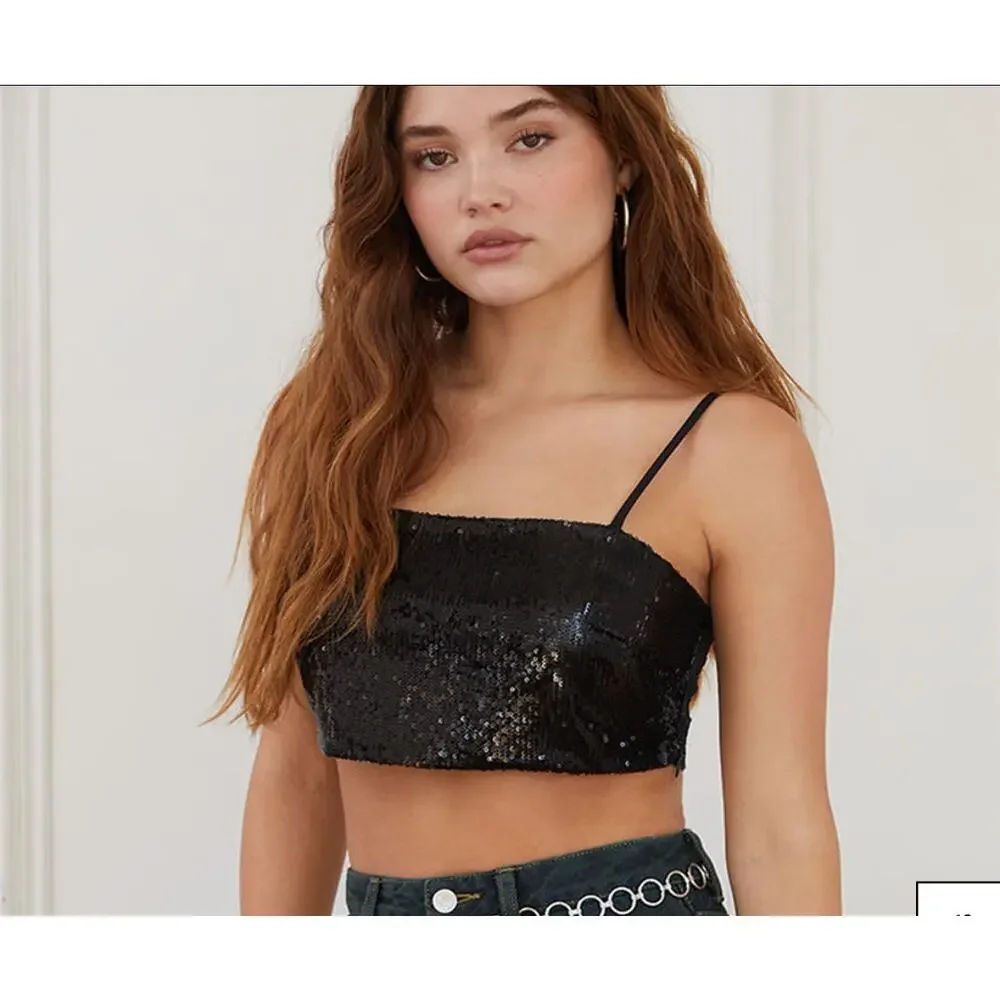 LA Hearts Sequin Sparkle Cropped Cami Top Size L NEW Black Adjustable Straps - Picture 1 of 11